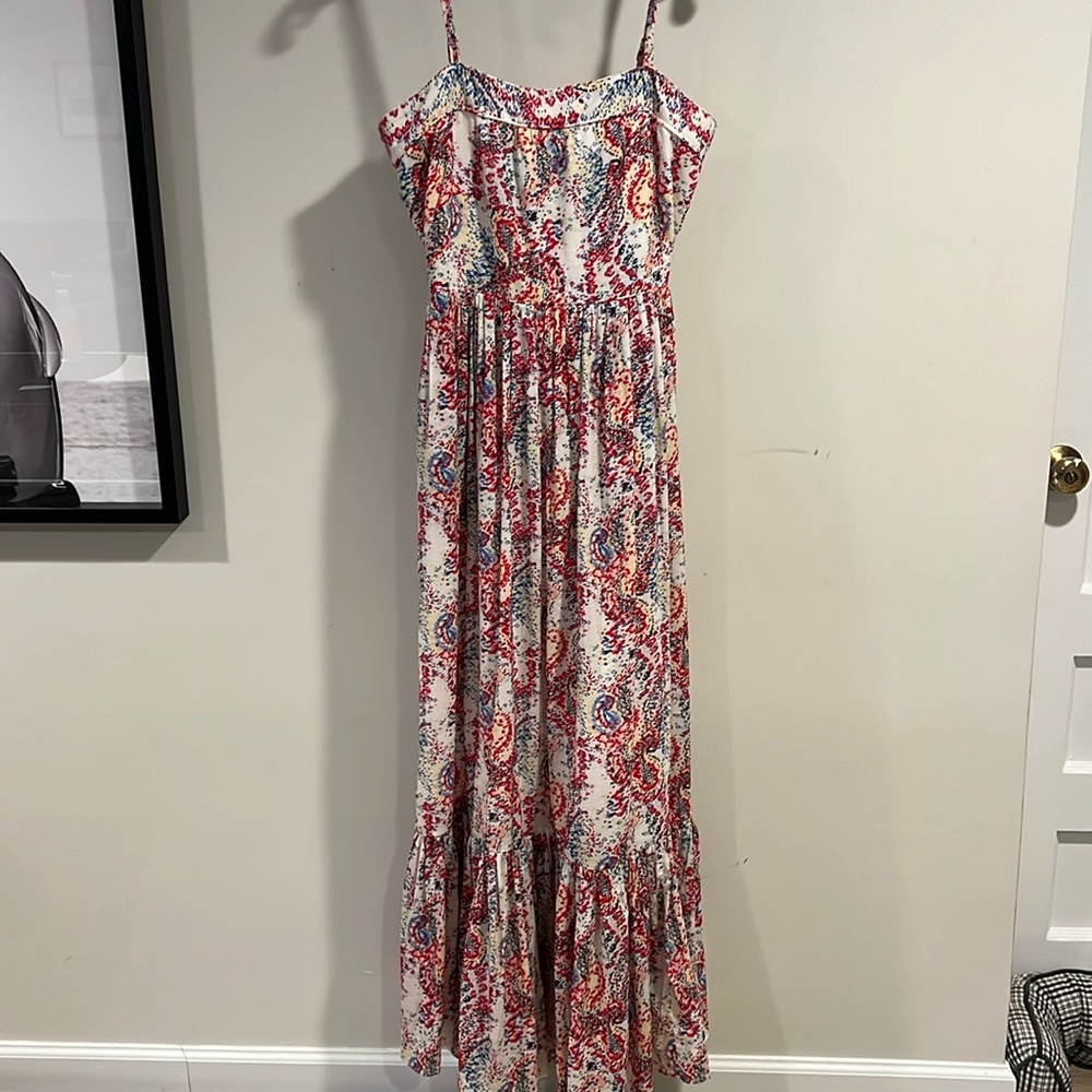 Beautiful flowing multi color maxi dress by Joie with tie back and thin straps.